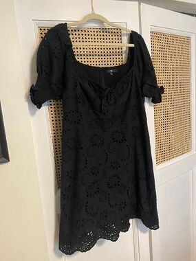 7 For All Mankind Black Eyelet Puff-Sleeve Mini Dress